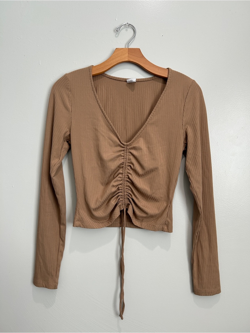 Melrose and Market Ruched V-Neck Long Sleeve Top - Tan